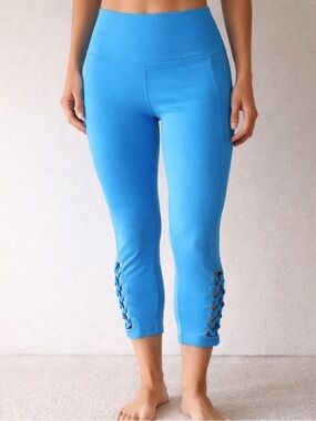 Women Blue Capri Leggings M High Rise Yoga Athletic Stretch Pants DSG